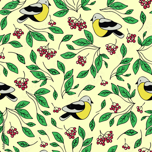 Seamless vector pattern with rowan, birds and leaves on white background. Repeat wallpaper design with red berries and tits.