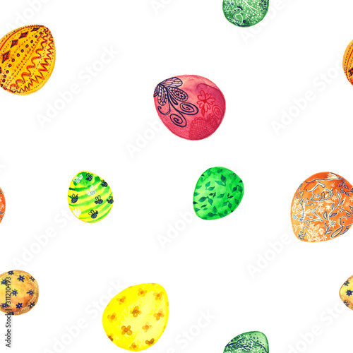 Bright hand drawn watercolor eggs in a seamless pattern for Easter