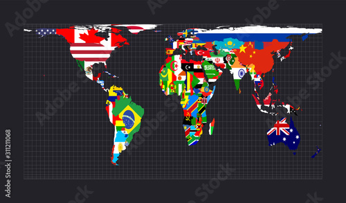 Map of the world with flags. Cylindrical equal-area projection. Map of the world with meridians on dark background. Vector illustration.