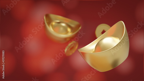 Yuan Bao - Chinese gold sycee and coin isolated on red background, New Year 3D Illustration Image. Depth of field Image