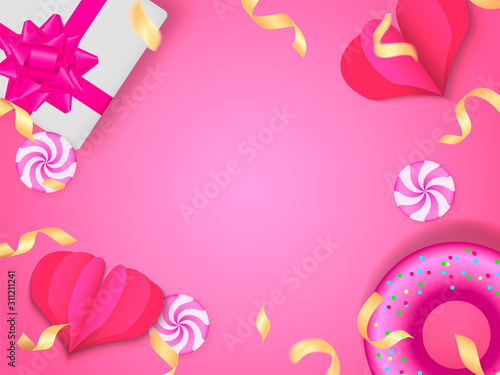 Gift boxes with pink bow, golden serpentine and paper hearts. Vector stock illustration for poster or banner