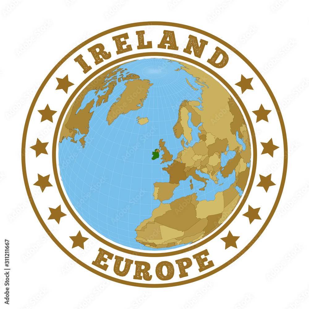 Ireland logo. Round badge of country with map of Ireland in world context. Country sticker stamp with globe map and round text. Vector illustration. Ireland logo. Round badge of country with map of Ireland in world context. Country sticker stamp with globe map and round text. Vector illustration.