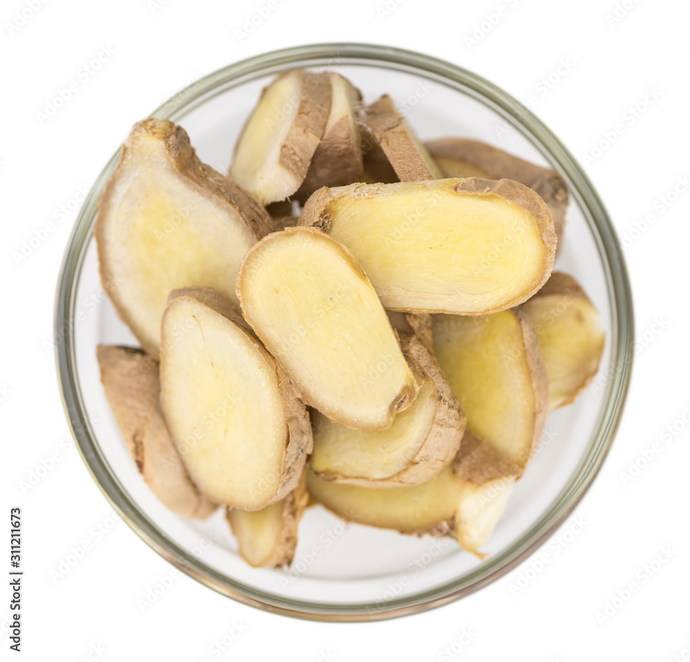 Portion of Ginger isolated on white background (selective focus) Portion of Ginger isolated on white background (selective focus)
