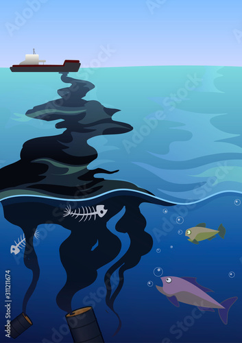 Ocean water pollution by oil. Vector illustration.