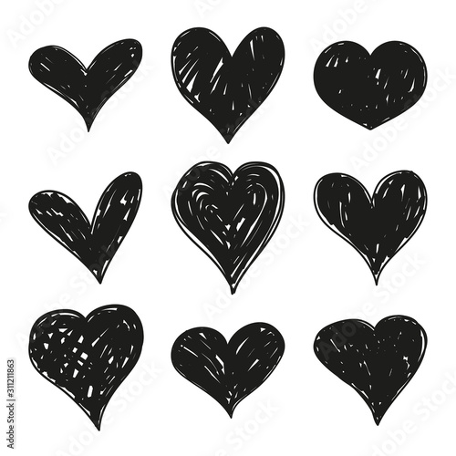 Set of black grunge hand drawn hearts. Vector collection of unevenly colored hearts for Valentines Day sweethearts.