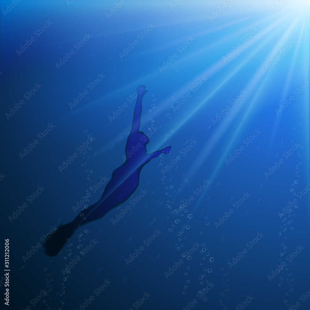 Diver silhouette underwater. Vektor illustration.