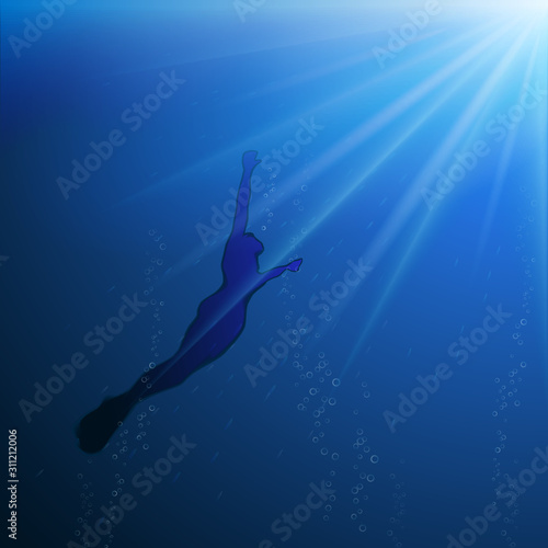 Diver silhouette underwater. Vektor illustration.