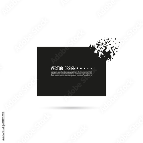 Explosive black banner. Vector rectangle breaking into small debris with sharp particles.