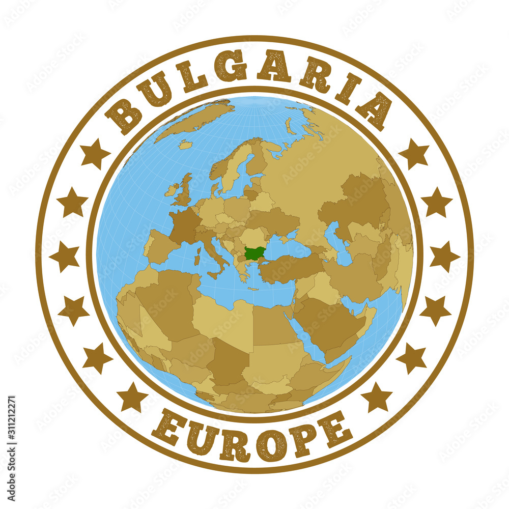 Bulgaria logo. Round badge of country with map of Bulgaria in world context. Country sticker stamp with globe map and round text. Vector illustration. Bulgaria logo. Round badge of country with map of Bulgaria in world context. Country sticker stamp with globe map and round text. Vector illustration.