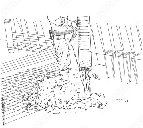 Hand draw building construction worker pouring cement or concrete with pump tube illustration