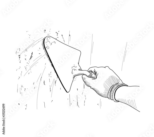 plasterer concrete worker at wall of house construction hand draw illustation