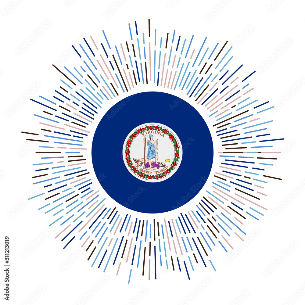 Virginia sign. US state flag with colorful rays. Radiant sunburst with Virginia flag. Vector illustration. Virginia sign. US state flag with colorful rays. Radiant sunburst with Virginia flag. Vector illustration.