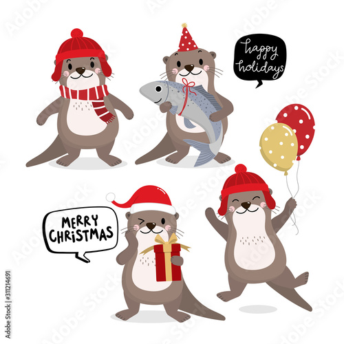Cute otter in red costume for Christmas holidays and gift. Animal wildlife in winter cartoon character set. -Vector