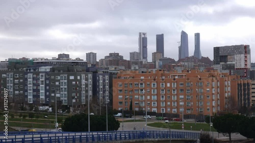 View of Sanchinarro neighbourhood looking towards the Cuatro Torres Business district in Madrid, Spain photo