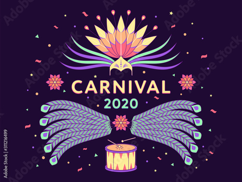 Holiday poster Carnival 2020. Vector illustration of festival and carnival in Brazil