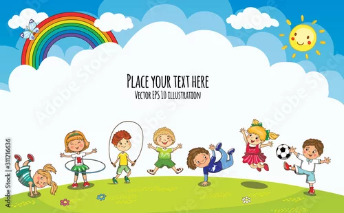 Obraz Wektor plac zabaw z skaczących chłopców i dziewcząt. Szablon reklamy dla dzieci broszura. Przedszkole, letnie dzieci w wieku szkolnym, wiosenne wakacje.