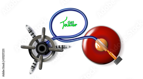 Gas Portable burner. Red tourist realistic icon with shadows. Mini stove with bottle. Isolation on white background. Camp kitchen for picnic, fishing, hunting. Vector illustration design