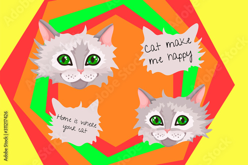 Illustration about love to cats. Two cats heads