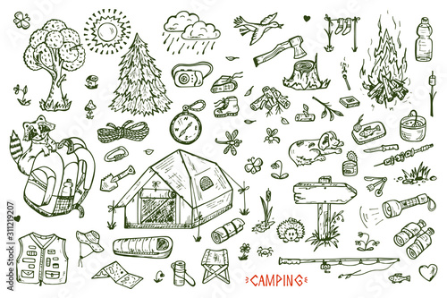 Tourism and camping set. Hand drawn doodle Camping Elements