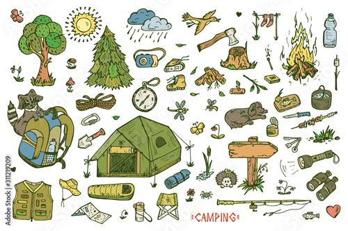 Recreation. Tourism and camping set. Hand drawn doodle Camping Elements - vector illustration