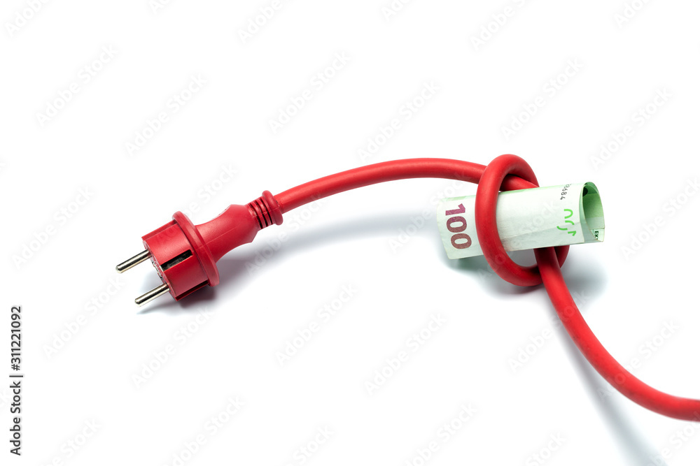 Red electric cable with plug tied to a knot on a roll of one hundred euro banknote isolated on white. Expensive electricity concept. Red electric cable with plug tied to a knot on a roll of one hundred euro banknote isolated on white. Expensive electricity concept.