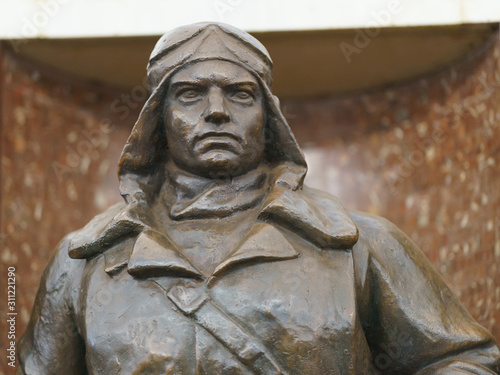 Moscow metro station interior. Statues of soldiers of different types of troops on the Baumanskaya metro station