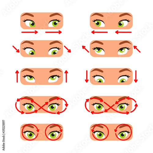 A set of exercises for the eyes. For better vision, relaxation, stretching, focus, training the eye muscles. Cartoon style. Color vector illustration isolated on white background.