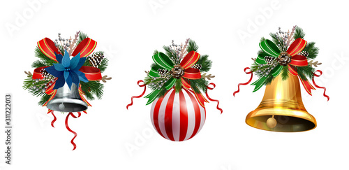 Christmas decorations with fir tree golden jingle bells