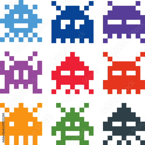 Pixelated Video Game Aliens Vector Icons