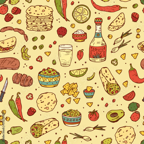 Mexican tradition Food Vector Seamless pattern. Hand drawn doodle Tequila, corn tortilla, taco, burritos, guacamole, nachos corn chips, Vegetables