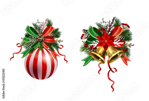 Christmas decorations with fir tree golden jingle bells