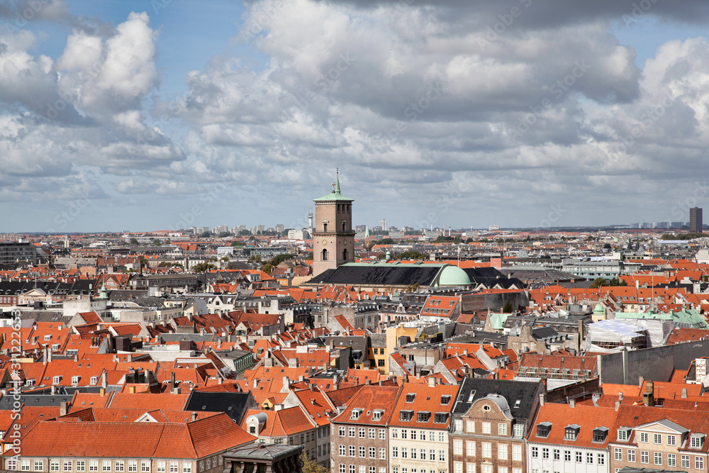 Aerial view of Copenhagen with the tower of Church of Our Lady in the center