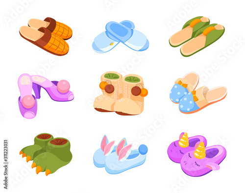 Set of home slippers, isolated drawing. Different slippers: female, male, funny, hotel, in the form of animals. 