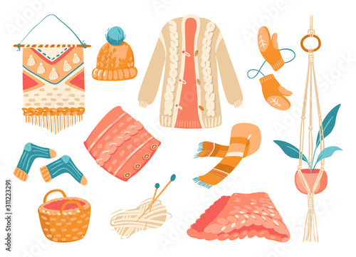 Icon set of winter knitted clothes and knitting tools isolated on white background. 
