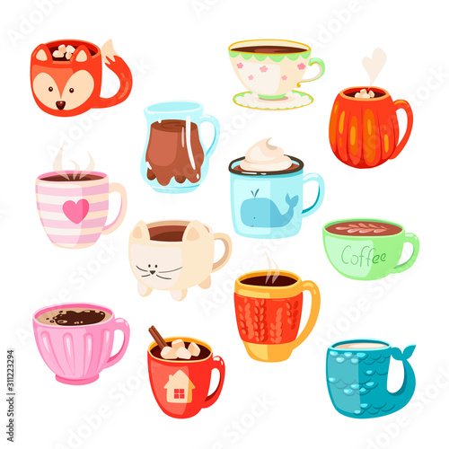 Vector set of various cups with drinks, tea or coffee. Cocoa with marshmallows, winter warming drinks and hot espresso cup. 