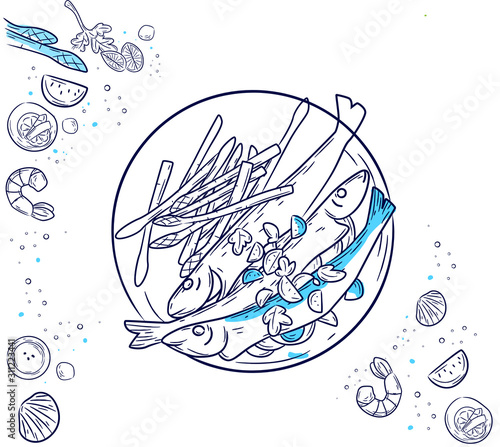 2020_1Fish and seafood plate hand drawn sketching  lemons  shrimp  asparagus  spices  mussel  shell