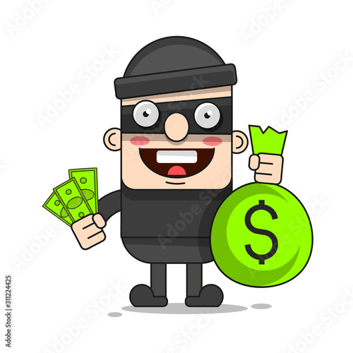 Cute Thief Character. Vector Cartoon Illustration. Bandit With Bag. Robber In Mask