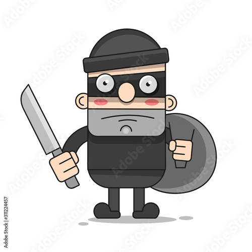 Cute Thief Character. Vector Cartoon Illustration. Bandit With Bag. Robber In Mask