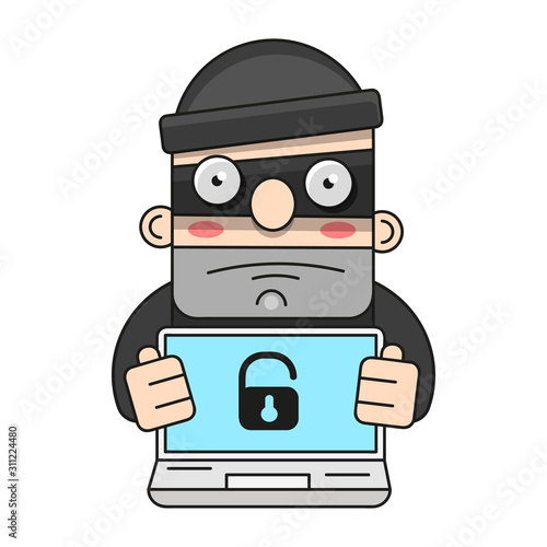 Cute Thief Character. Vector Cartoon Illustration. Bandit With Bag. Robber In Mask