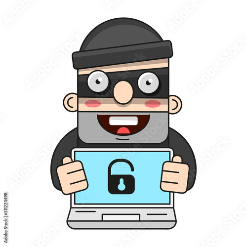 Cute Thief Character. Vector Cartoon Illustration. Bandit With Bag. Robber In Mask
