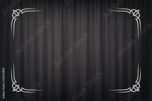 Vintage border in silent film style isolated on dark grey curtain background. Vector retro design element.