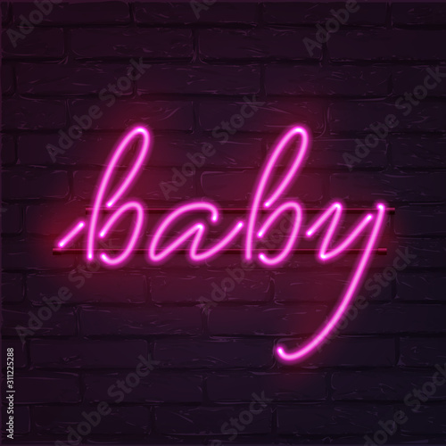 Handwritten baby lettering on dark brick wall. Pink neon shining and extinguished words. Logo, emblem template. Bright signboard. Girl childbirth celebration and greeting. Vector illustration.