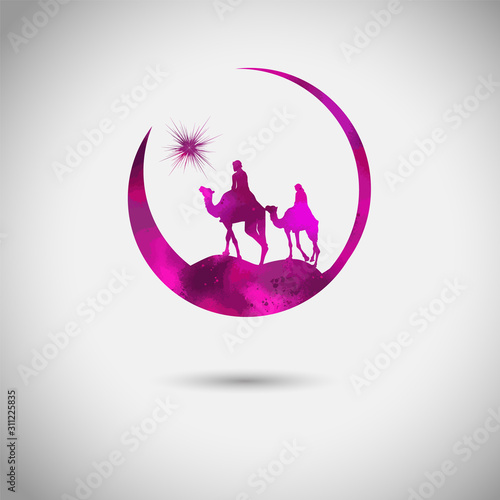 Christmas star camels with the Magi. Mixed media. Vector illustration
