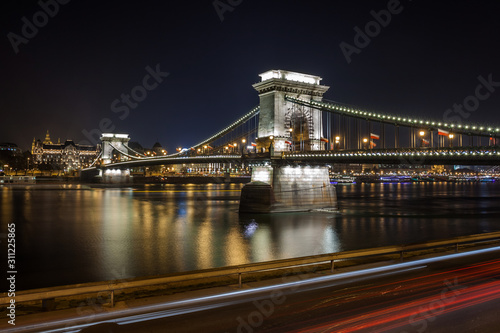 Szechenyi Chain Bridge on the Danube river at night. Budapest  Hungary.