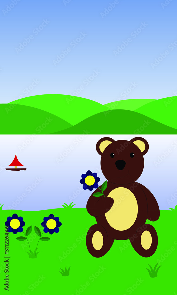 Cute little baby bear sitting on the grass holding a flower next to a lake Cute little baby bear sitting on the grass holding a flower next to a lake