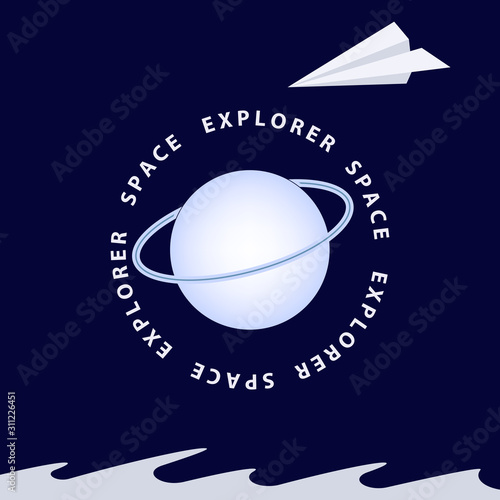 Space exploration - blue planet and paper airplane - abstraction, vector.
