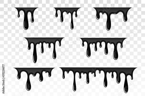 Drip paint 3D set. Ink stain. Drop melt liquid isolated on white transparent background. Splash of chocolate, oil, blood. Black graffiti. Splatter syrup, candy sauce, caramel. Vector illustration