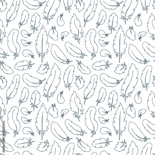 Feathers Vintage Seamless Pattern. Hand Drawn Doodles illustration