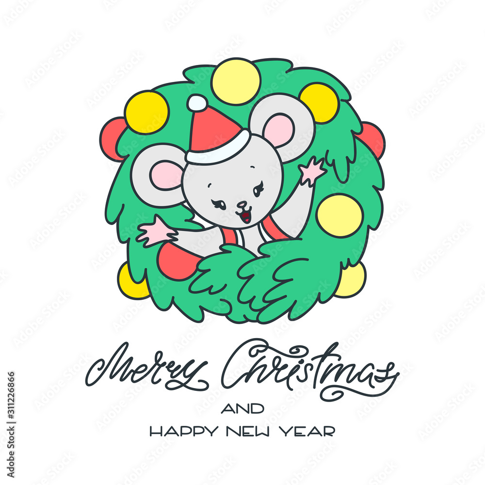 Fototapeta premium Merry Christmas and Happy New Year. Winter holiday greeting. Hand drawn illustration of a cute little mouse sitting in a Christmas wreath. Vector 8 EPS.