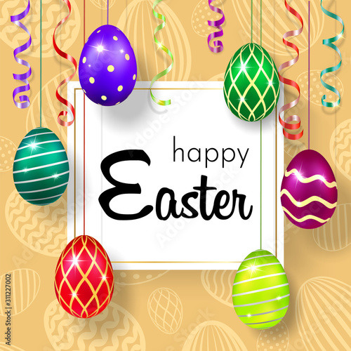 Happy Easter background, decorative text, hanging eggs, texture pastel. Greeting Easter 3D card. Gold decoration holiday frame, calligraphic letter inscription. Holiday design. Vector illustration photo